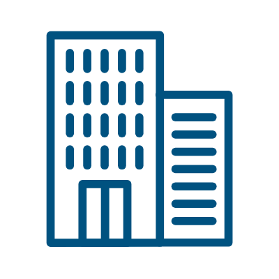 Icon of two connected buildings with multiple floors and windows, representing an office or corporate building.